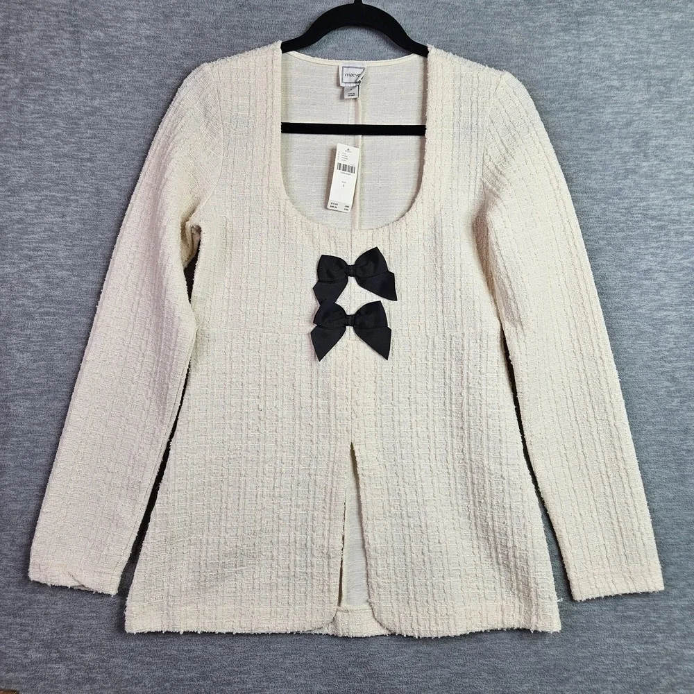 Maeve Anthropologie Womens Top S Ivory Textured Knit Bow Front Long Sleeve NWT